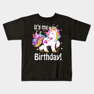 Kids Its My Birthday Girl Unicorn 4Th Kids T-Shirt